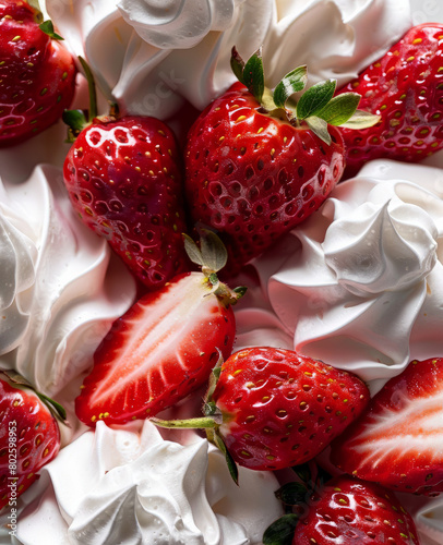 Top view of delicious strawberries and cream. Whipped cream and strawberry background