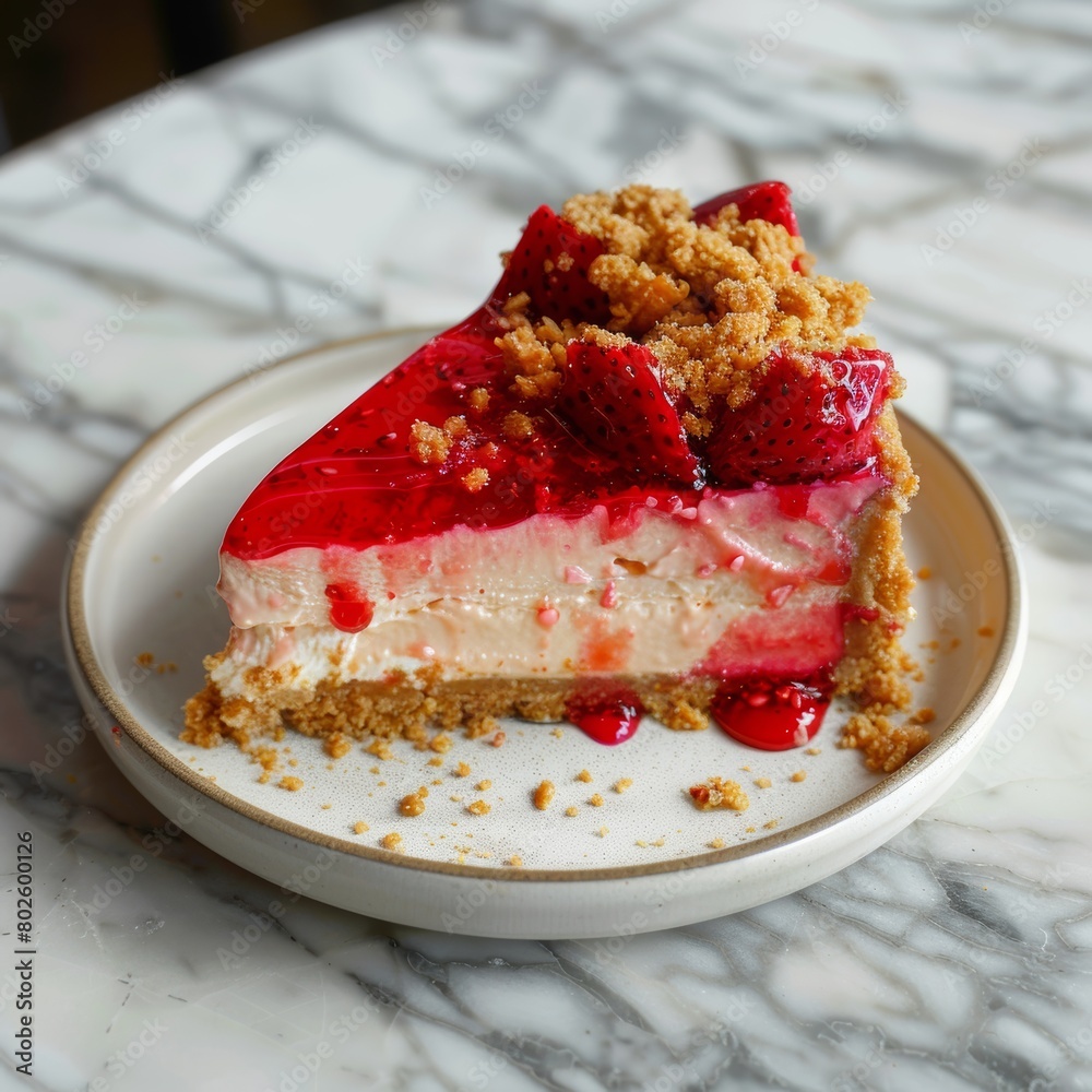 Strawberry Crunch Cheesecake features a golden crust, a rich and creamy filling, and a vibrant red strawberry crunch topping Strawberry Crunch Cheesecake features a golden crust, a rich and creamy filling, and a vibrant red strawberry crunch topping