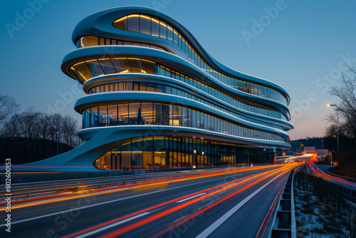 Modern buildings with lights on and cars driving on highways with light trails