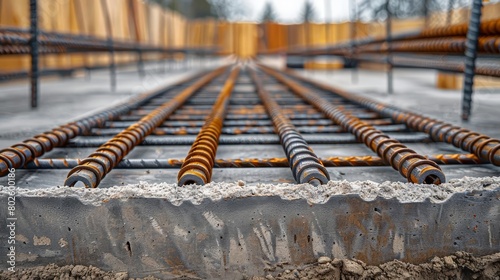 Contrasting textures of rebar with surrounding materials like concrete or wood photo