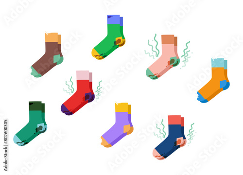 Set of colorful sock - dirty, stinky, with holes, bad Unpleasant smell Household and laundry concept. Apparel with stains, Leaky. Fashion accessory technical illustration. Vector flat sketch outline