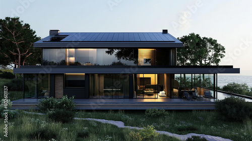 solar panels on the roof of a modern home, eco friendly green energy, photovoltaic powered home 