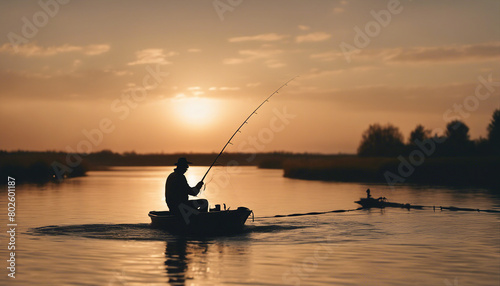 Silhouette of man fishing with his small boat on moving river at sunset, copy space for text 