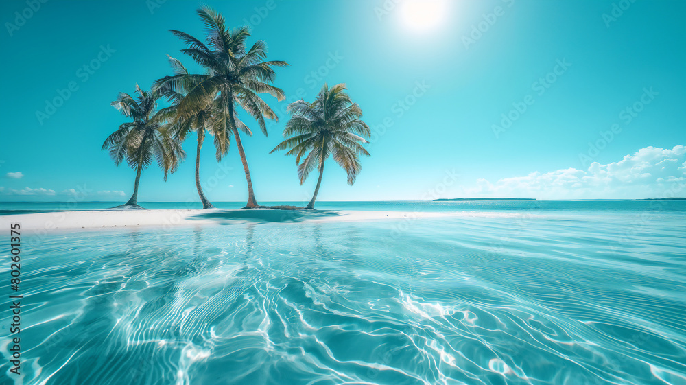 Serene tropical beach scene with clear turquoise waters, three palm trees on white sand under a bright sun.