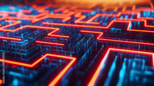 A glowing blue and red neon maze creates a striking, futuristic digital labyrinth. photo