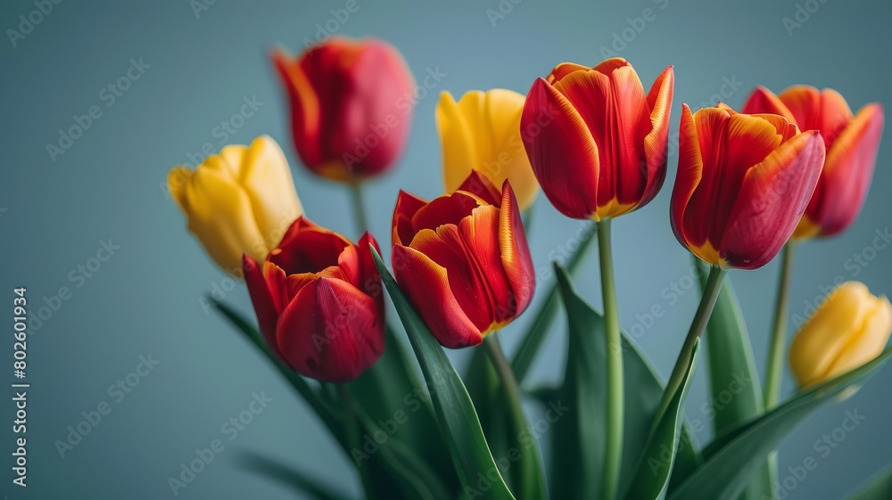 Fototapeta premium Vibrant Spring Tulip Bouquet: A bunch of red and yellow tulips isolated, showcasing the beauty of nature's colorful blooms in a garden setting
