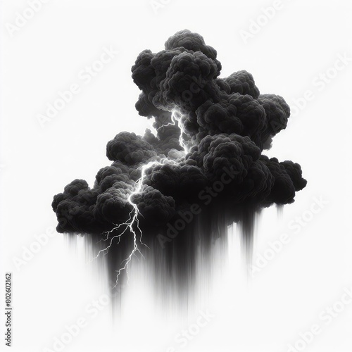 Black clouds storm with lightning strike and thunder isolated on a white background