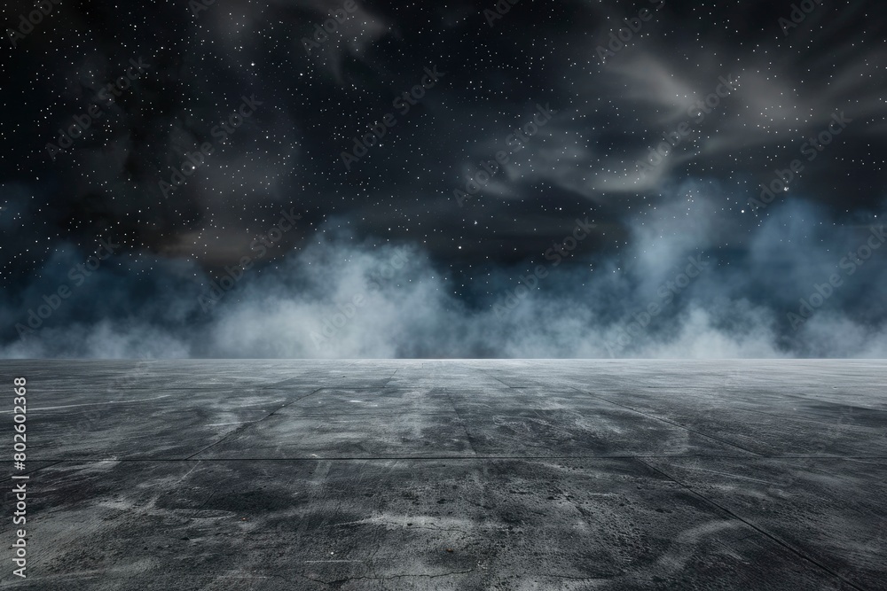 Dark Concrete Floor Background with Scenic Night Sky Horizon and Dramatic Clouds - generative ai Dark Concrete Floor Background with Scenic Night Sky Horizon and Dramatic Clouds - generative ai