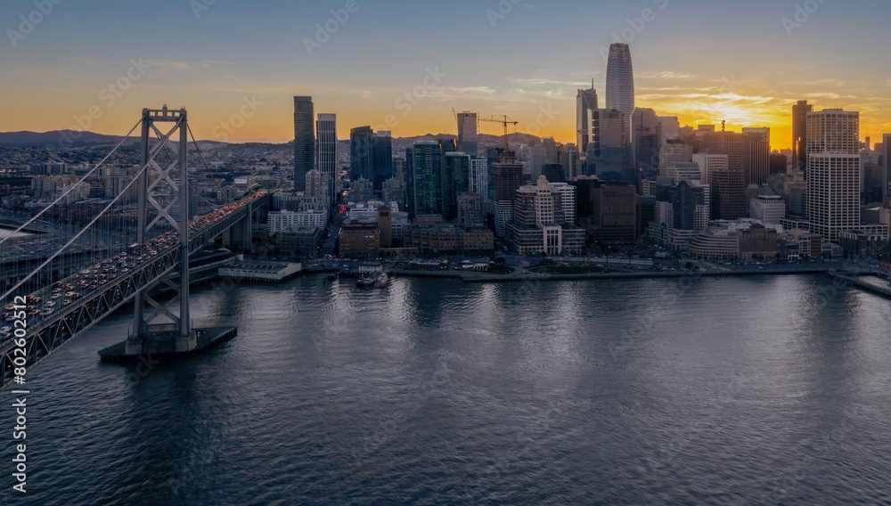 Embarcadero waterfront and cityskyline at sunset. San Francisco, Califronia, USA