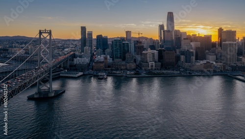 Embarcadero waterfront and cityskyline at sunset. San Francisco, Califronia, USA