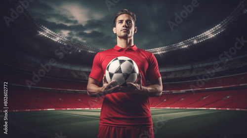 The red soccer player kicked the ball back on the field in the stadium, energizing their team. soccer, player, red, ball, stadium, team, back, field, cup, coach, game, club, match, training