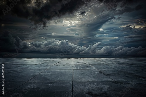 Dark Concrete Floor Background with Scenic Night Sky Horizon and Dramatic Clouds - generative ai