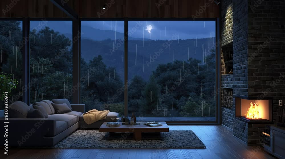 Rainy Night Serenity: Bedroom window offering a peaceful view of the rain-soaked landscape under the night sky
Seamless looping 4k time-lapse virtual video animation background. Generated AI