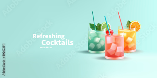 3D refreshing summer cocktails, drinks with ice. Realistic image of colored drinks in glass glasses. The image is on a blue background for advertising summer holidays, promotional offers,