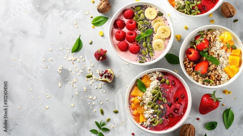 Four bowls of oatmeal topped with fruit and nuts displayed on a table, showcasing a delicious and nutritious dish made with natural foods AIG50