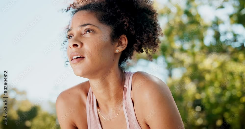 Tired woman, runner and breathing in nature for training, workout and fitness goals, endurance or challenge. Young runner, athlete or African person with fatigue, cardio exercise and break in park Tired woman, runner and breathing in nature for training, workout and fitness goals, endurance or challenge. Young runner, athlete or African person with fatigue, cardio exercise and break in park