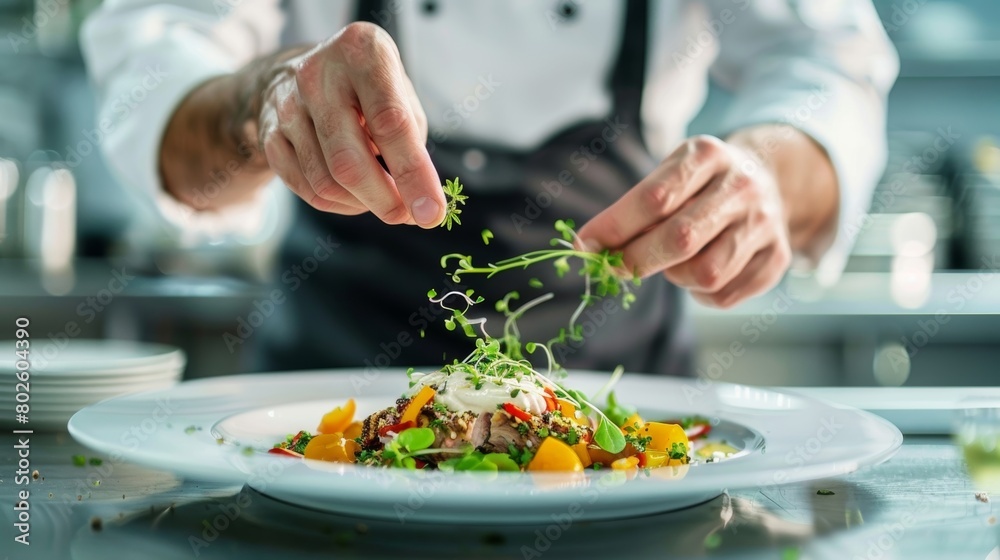 A man sprinkling herbs onto a beautifully plated dish.