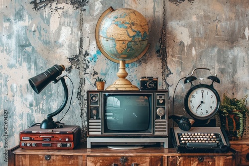 Retro TV, old radio, telephone, alarm clock, globe, gramophone, classic microphone, outdated laptop and camera on wooden table, floor lamp front concrete wall background - generative ai photo