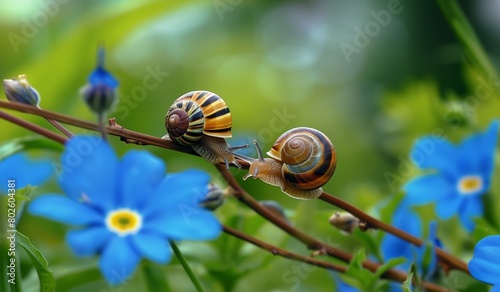 Two Colorful Snails Meeting on a Twig Amongst Vivid Blue Star-Shaped Flowers