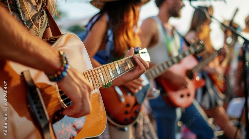 Fototapeta premium A diverse lineup of musicians from different genres including folk rock and electronic showcasing the variety and inclusivity of the festival.