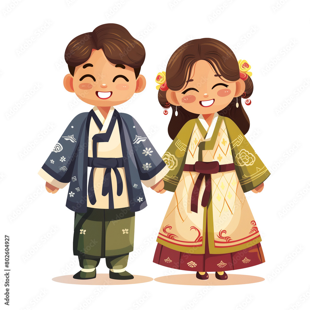 Cute cartoon Korean couple in traditional costume. AI Generative