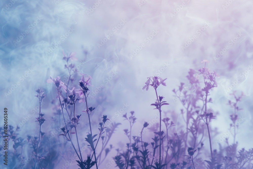 Ethereal Garden: Delicate Flowers Amidst Soft Blue Mist