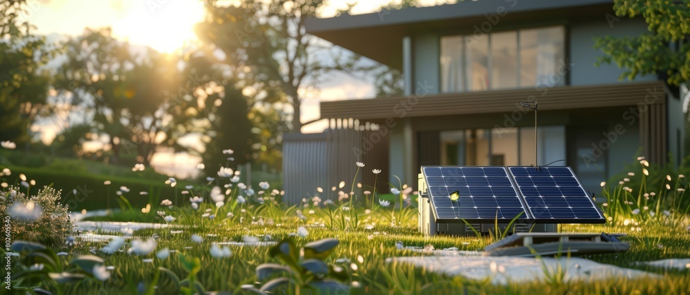 Fototapeta premium A household setting up a small solar kit for emergency power, showing practical applications of renewable energy in daily life,