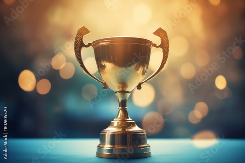 Close-up view of a golden trophy against a soft-focused, sparkling blue background symbolizing victory and achievement,