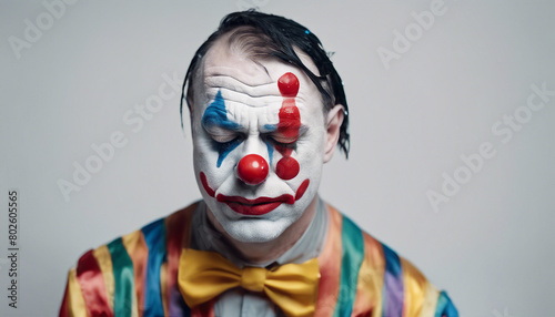 adult clown with tears flowing and sad facial expression, isolated white background.	
 photo