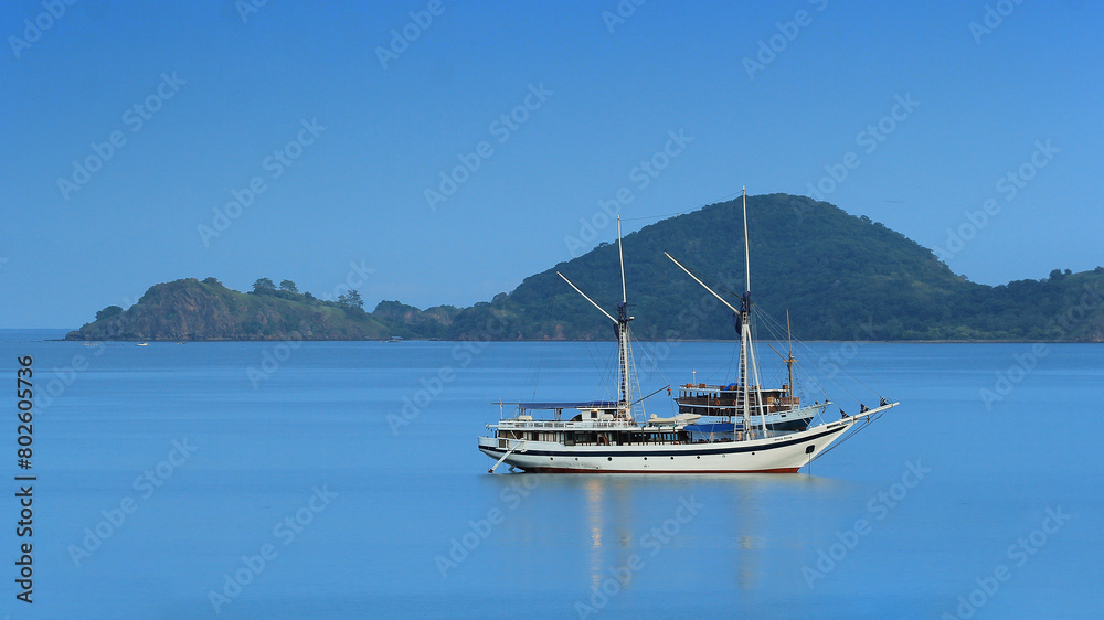 sea view with blue sea and sky and in the middle there is a white ship sailing and behind it there is a green hill in Labuhan Bajo