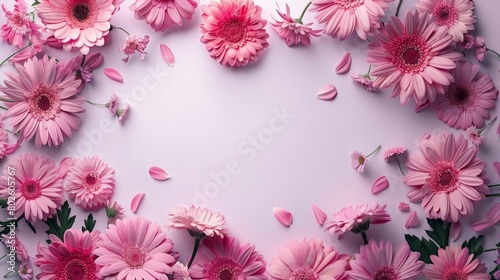 Pink flowers form letters in bottom right of white frame on a pink background creating a unique focal point in the picture, Generated by AI
