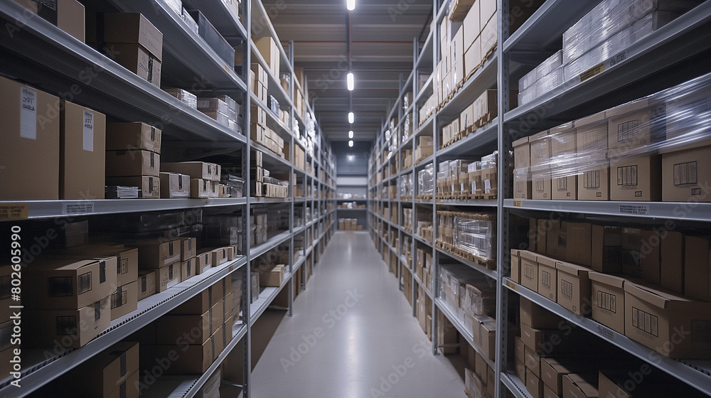 packages on shelves in warehouse packages on shelves in warehouse
