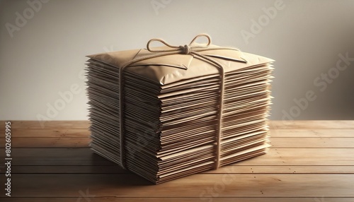 A neatly folded stack of kraft paper envelopes tied with string. A stack of brown envelopes lies on a wooden table