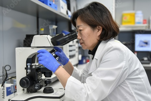 Asian Female Veterinarian Conducting Avian Flu Research in an Eco-Friendly Lab