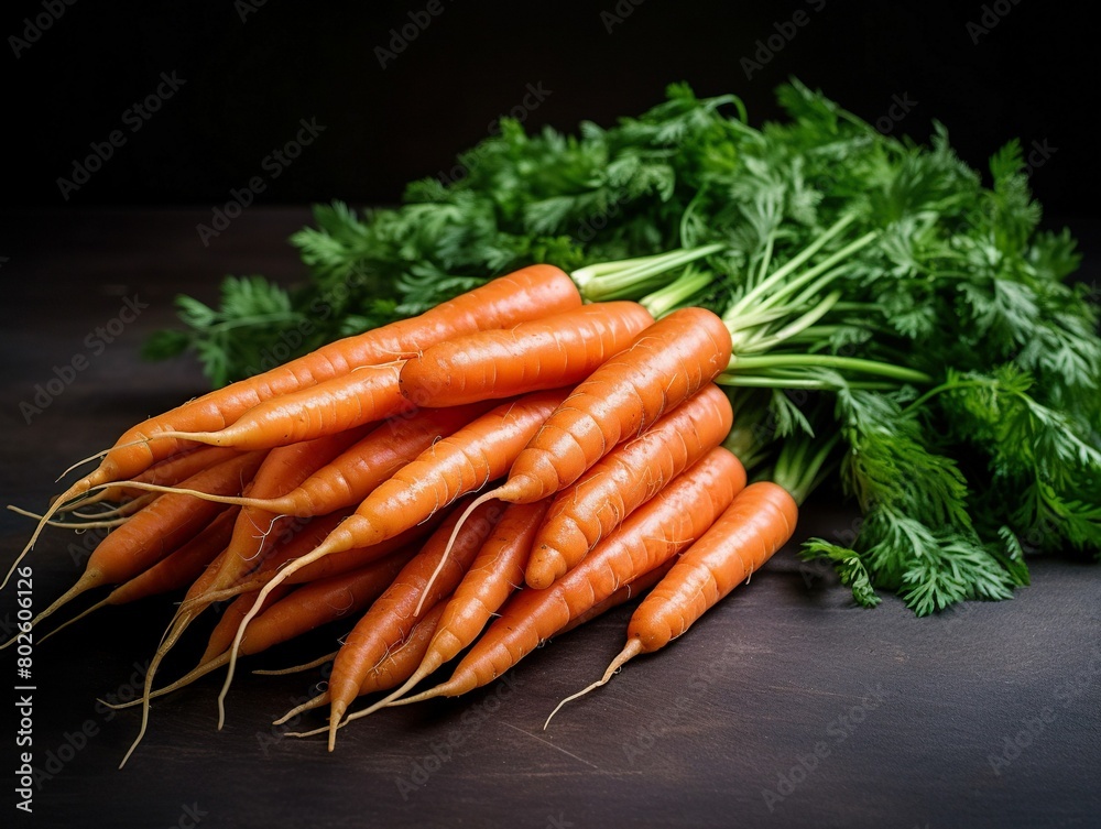 Several fresh perfect orange carrot vegetables with leaves on a wooden table. The carrot harvest, healthy natural vegetarian food, the source of keratin, nutrients and vitamins. Organic agriculture Several fresh perfect orange carrot vegetables with leaves on a wooden table. The carrot harvest, healthy natural vegetarian food, the source of keratin, nutrients and vitamins. Organic agriculture
