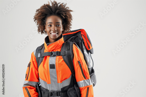 portrait of afro american paramedic female carrying medikit photo