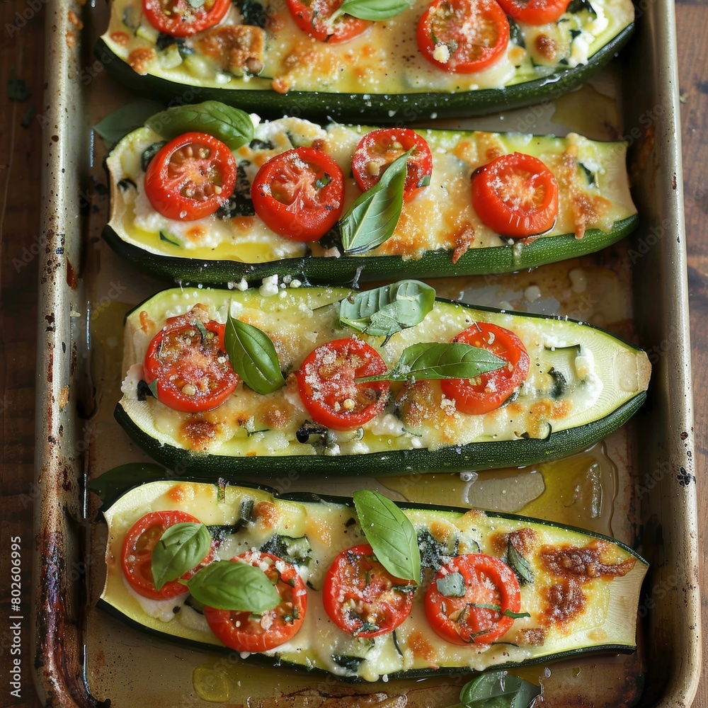 zucchini boats stuffed with a mixture of creamy ricotta cheese, grated Parmesan, finely chopped spinach, and quartered cherry tomatoes zucchini boats stuffed with a mixture of creamy ricotta cheese, grated Parmesan, finely chopped spinach, and quartered cherry tomatoes