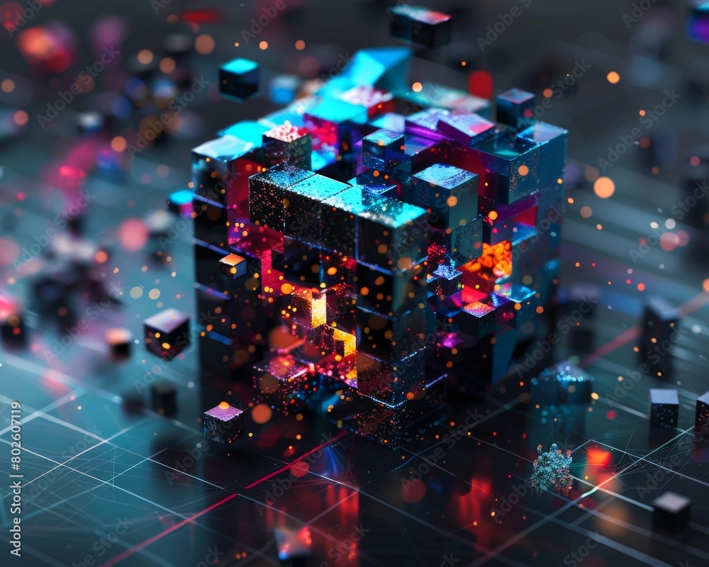 3D rendering of a glowing blue and purple cube made of small cubes. The cube is in the center of the image and is surrounded by a grid of small, glowing cubes.