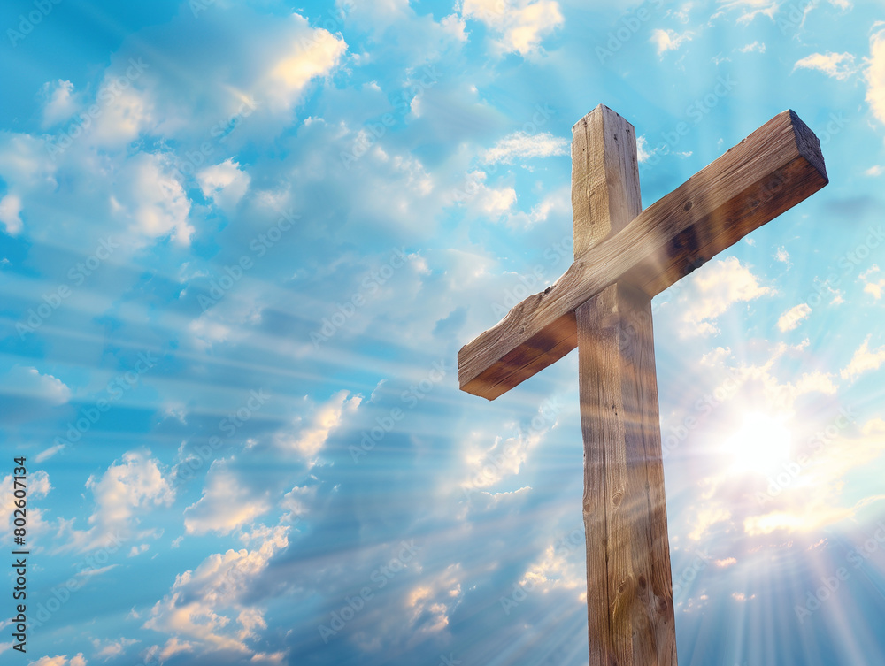 Wooden cross on a blue sky with clouds and sun rays in the background