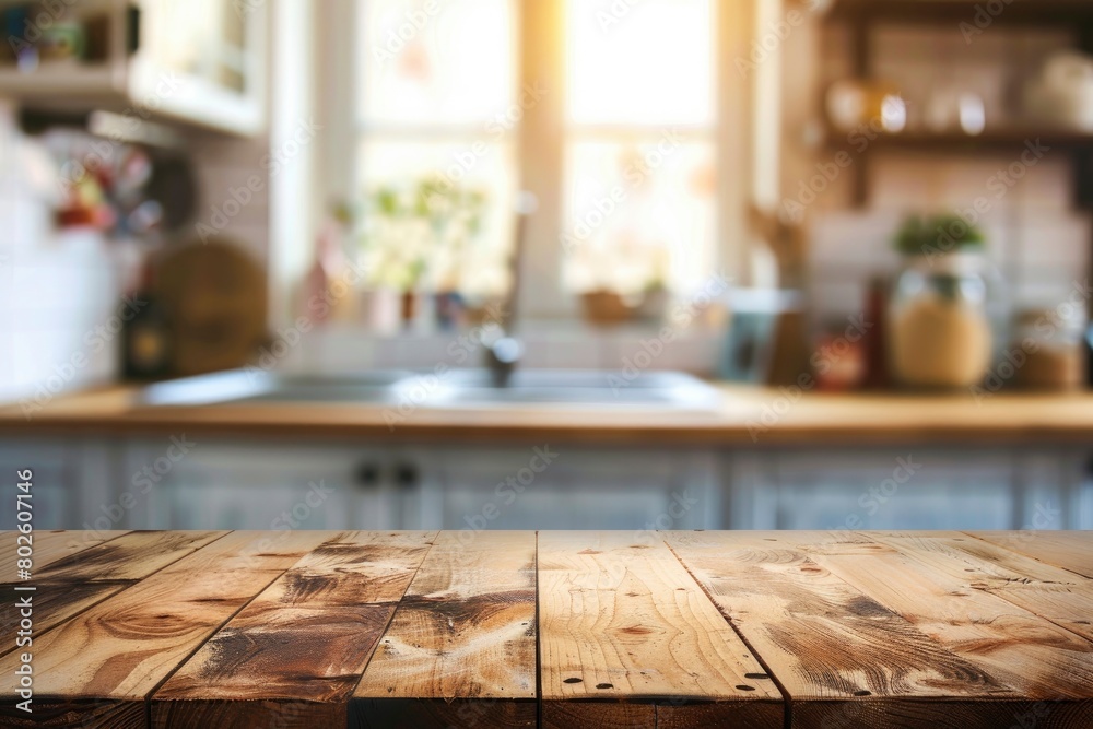 Wood table top on blurred kitchen background - generative ai Wood table top on blurred kitchen background - generative ai