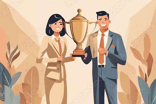 illustration of happiness success team of two businessmen holding victory cup