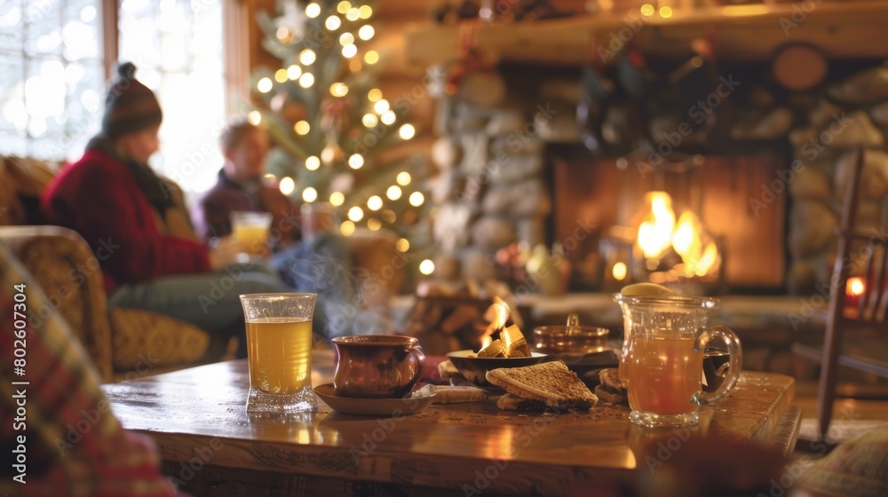 A cozy living room with a fireplace and guests gathered around a table sipping on steaming mugs of hot apple cider.