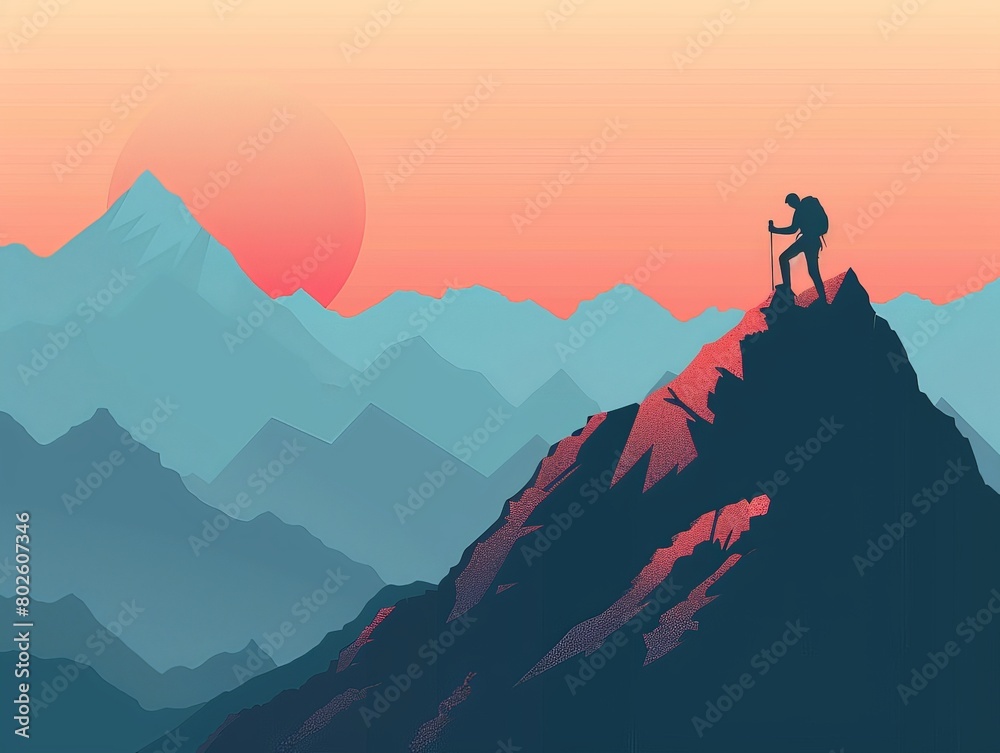 A man standing on the top of a mountain. The sun is setting behind him. The sky is a gradient of orange and pink. The mountains are a gradient of blue and purple.