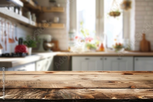 Wood table top on blurred kitchen background - generative ai