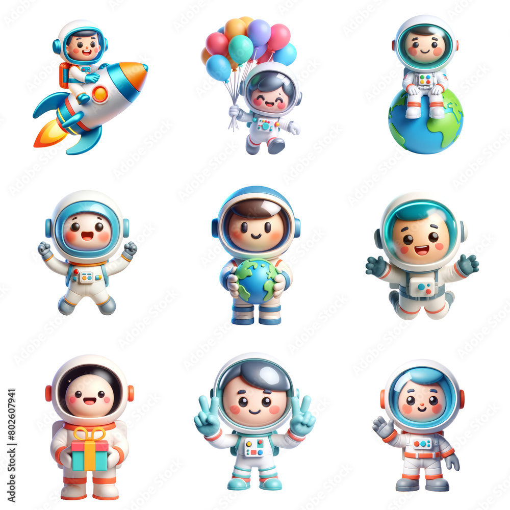 Collection or set of 3d colorful and playful astronaut characters engaging in various activities, ideal for children's content.