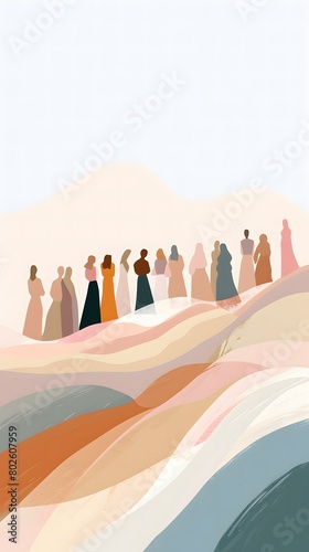 Diverse Women in Long Dresses Standing Together on Abstract Wave