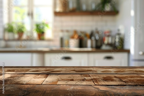Wood table top on blurred kitchen background - generative ai