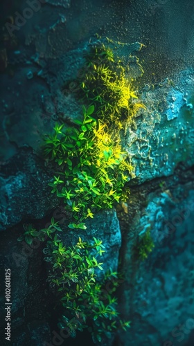 Glowing moss growing on a wet stone wall with a rough texture.
