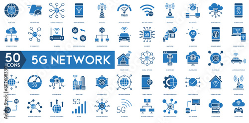 5G Network, Smart Home, Wireless Connectivity, 5G Smartphone, Remote Work, Global Network, Mobile Broadband thin line web icon set. Outline icons collection. Simple vector illustration