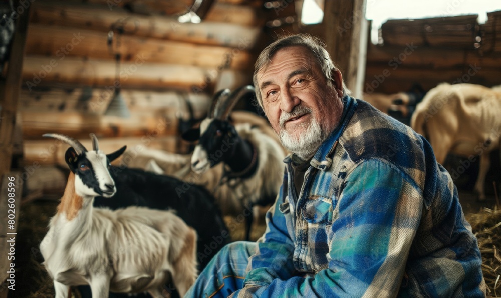 A smiling elderly male farmer on the background of a pen with goats. The concept of farming and animal husbandry. Eat local. Goat breeding. A smiling elderly male farmer on the background of a pen with goats. The concept of farming and animal husbandry. Eat local. Goat breeding.
